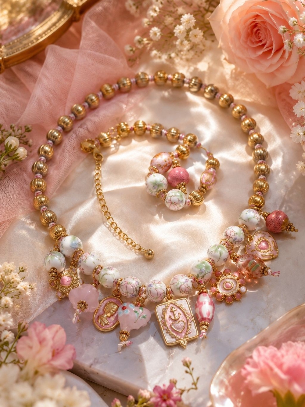 Pink and Gold Beaded Charm Necklace with Matching Bracelet - Picture 4 of 5